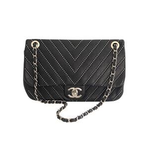 Chanel Calfskin Studded Chevron Medium Stud Wars Flap Black